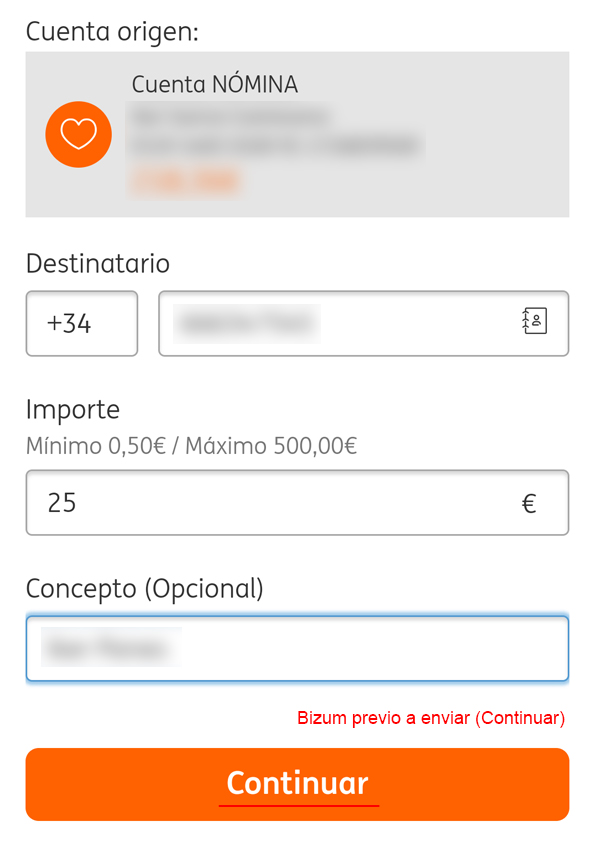 Captura de pantalla de Bizum no válida