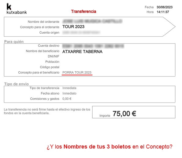 Resguardo no válido de transferencia bancaria