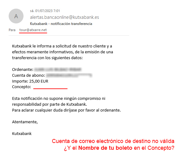 Resguardo no válido de transferencia bancaria